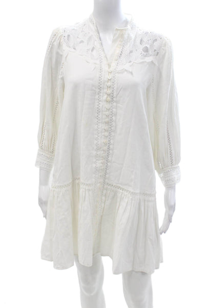 Suncoo Women Shirt Dress White Cotton High Neck Button 3/4 Sleeve Size 1