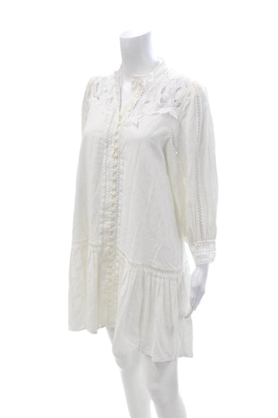 Suncoo Women Shirt Dress White Cotton High Neck Button 3/4 Sleeve Size 1