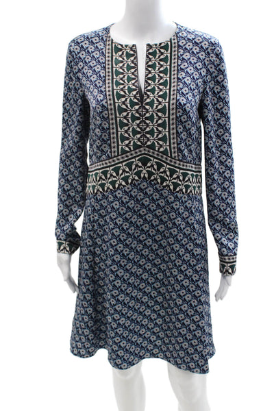 Tory Burch Womens Dark Blue Floral V-Neck Long Sleeve Shift Dress Size 4