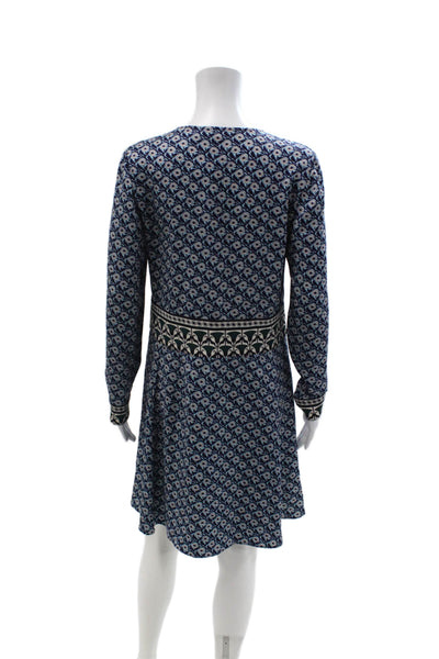 Tory Burch Womens Dark Blue Floral V-Neck Long Sleeve Shift Dress Size 4