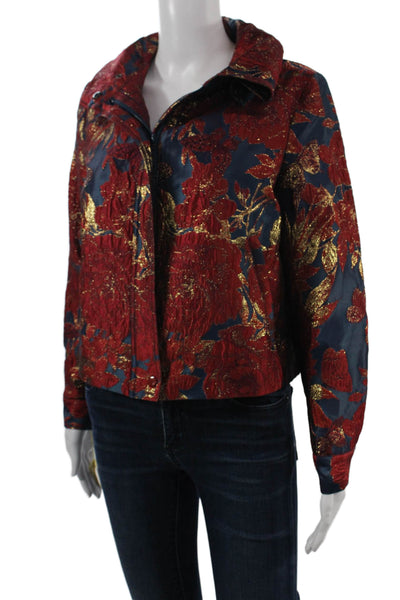 Samuel Dong Women Bomber Jacket Dark Blue Floral Long Sleeve Size 3XL