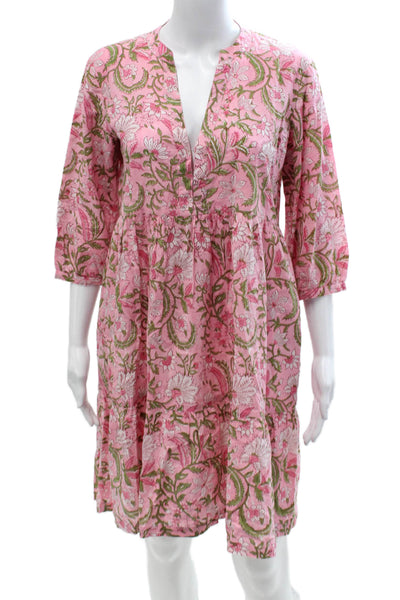 Just Darviny Women Kaftan Dress Pink Floral 3/4 Sleeve V-Neck Size XS