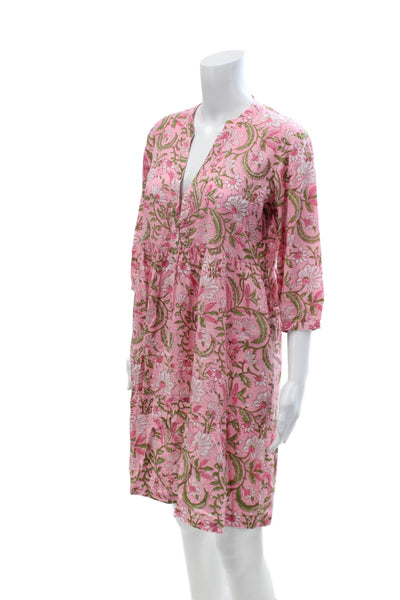 Just Darviny Women Kaftan Dress Pink Floral 3/4 Sleeve V-Neck Size XS
