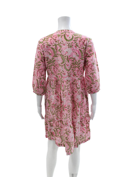 Just Darviny Women Kaftan Dress Pink Floral 3/4 Sleeve V-Neck Size XS