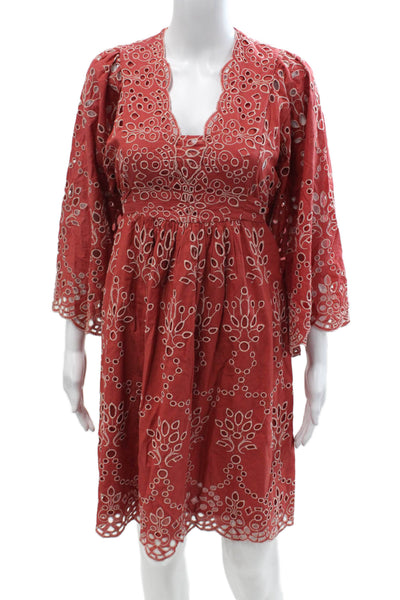 Hannah Womens Kaftan Dress Red Geometric Cotton V-Neck Tie 3/4 Sleeve Size 1