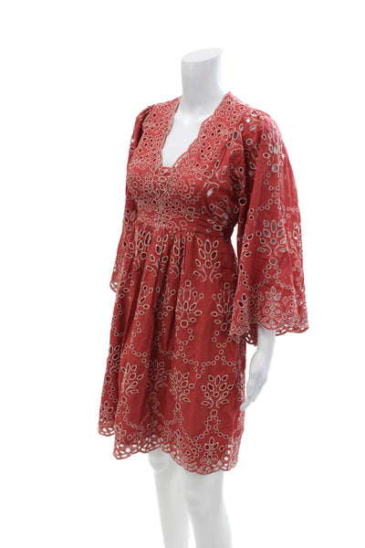 Hannah Womens Kaftan Dress Red Geometric Cotton V-Neck Tie 3/4 Sleeve Size 1
