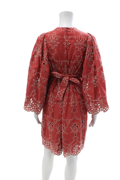 Hannah Womens Kaftan Dress Red Geometric Cotton V-Neck Tie 3/4 Sleeve Size 1