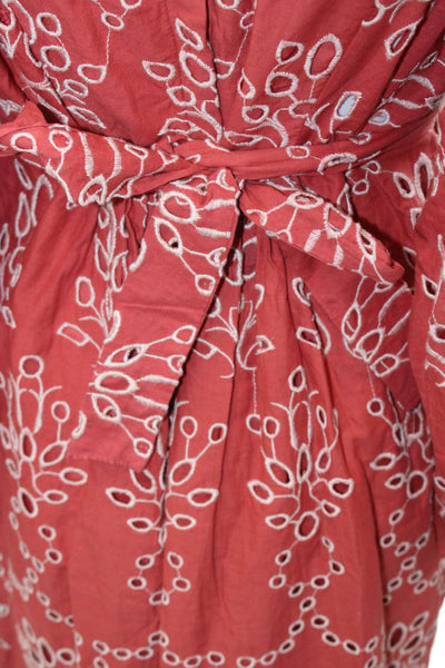 Hannah Womens Kaftan Dress Red Geometric Cotton V-Neck Tie 3/4 Sleeve Size 1
