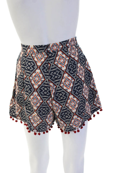 Glamorous Unisex Aztec Geometric Dark Blue Polyester Button Shorts Size XS