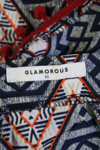 Glamorous Unisex Aztec Geometric Dark Blue Polyester Button Shorts Size XS