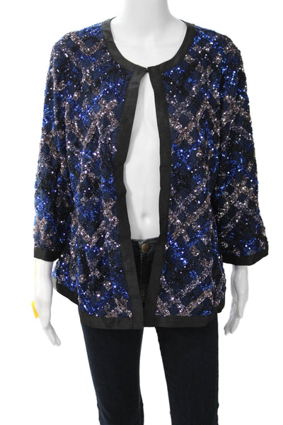 Aris A Women Black Geometric 80s Polyester Round Neck 3/4 Sleeve Jacket Size XL