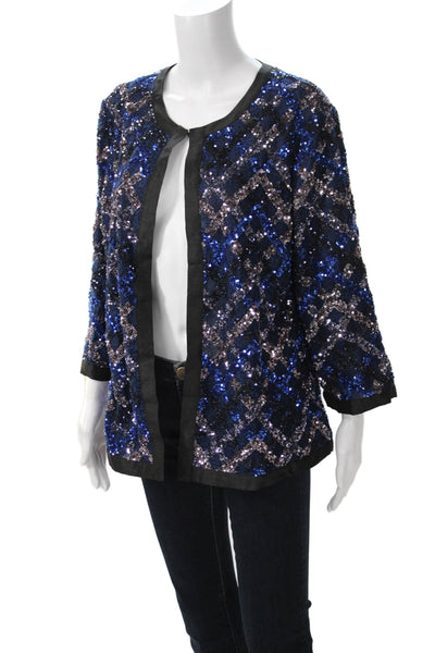 Aris A Women Black Geometric 80s Polyester Round Neck 3/4 Sleeve Jacket Size XL