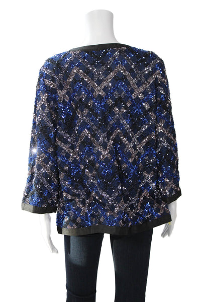 Aris A Women Black Geometric 80s Polyester Round Neck 3/4 Sleeve Jacket Size XL