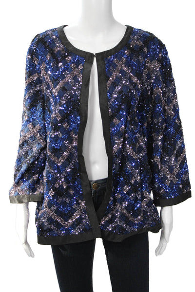 Aris A. Womens Black Geometric 80s Hook & Eye 3/4 Sleeve Jacket Size 1X