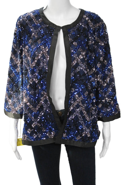 Aris A. Women Black Argyle 80s Polyester 3/4 Sleeve Round Neck Jacket Size L
