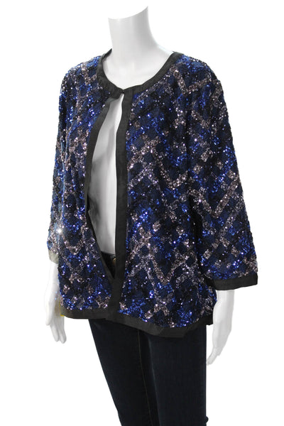 Aris A. Women Black Argyle 80s Polyester 3/4 Sleeve Round Neck Jacket Size L