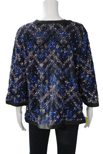 Aris A. Women Black Argyle 80s Polyester 3/4 Sleeve Round Neck Jacket Size L