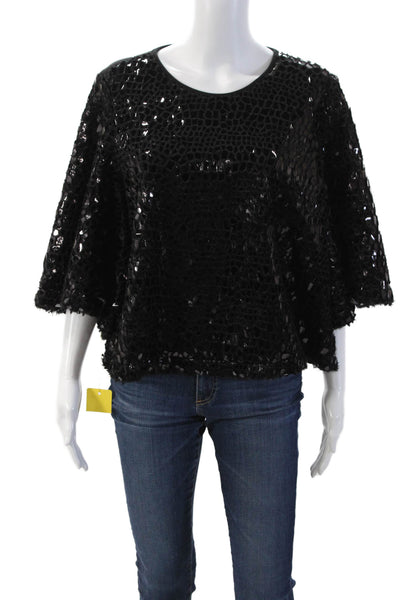 Designer Womens Gothic Black 3/4 Sleeve Round Neck Zip Blouse Polyester Size L