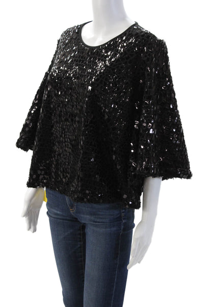Designer Womens Gothic Black 3/4 Sleeve Round Neck Zip Blouse Polyester Size L