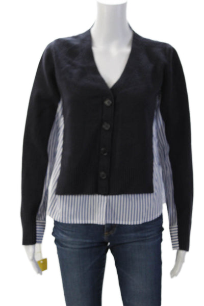 Meimeij Unisex Dark Blue Striped V-Neck Wool Cardigan Long Sleeve Size 36