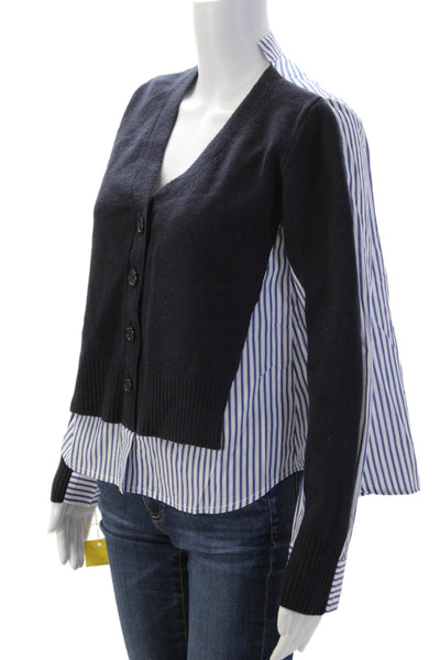 Meimeij Unisex Dark Blue Striped V-Neck Wool Cardigan Long Sleeve Size 36