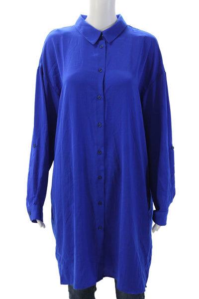 Renuar Women Shirt Dress Blue Collared Button Long Sleeve 100% Polyester Size L