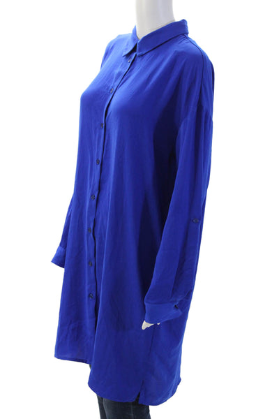 Renuar Women Shirt Dress Blue Collared Button Long Sleeve 100% Polyester Size L