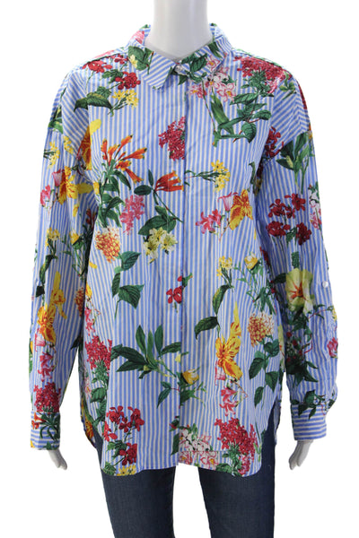 Renuar Women Collared Button-Up Floral Striped Cotton Long Sleeve Blouse Size L