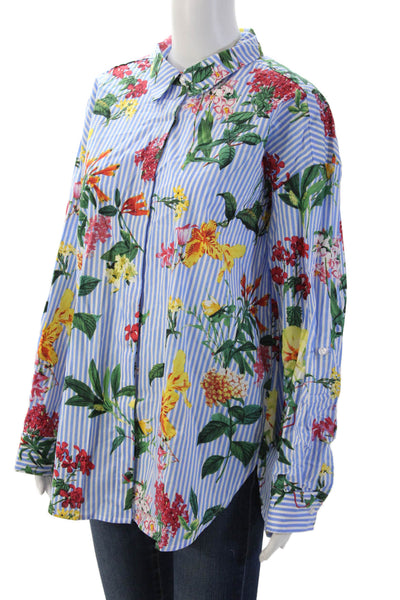 Renuar Women Collared Button-Up Floral Striped Cotton Long Sleeve Blouse Size L