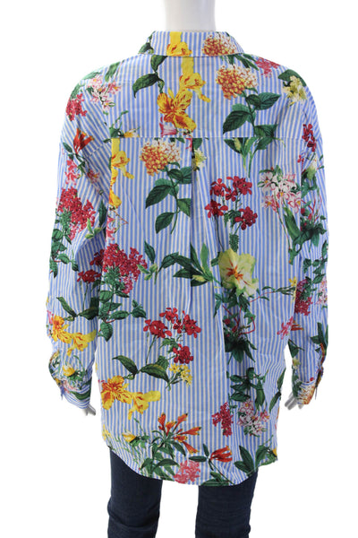 Renuar Women Collared Button-Up Floral Striped Cotton Long Sleeve Blouse Size L