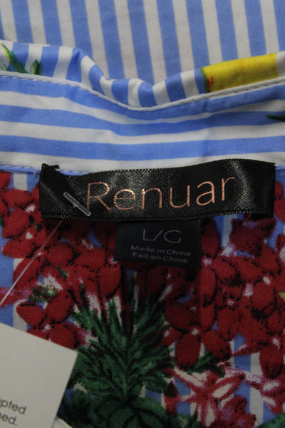 Renuar Women Collared Button-Up Floral Striped Cotton Long Sleeve Blouse Size L