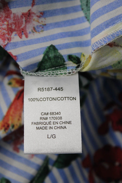 Renuar Women Collared Button-Up Floral Striped Cotton Long Sleeve Blouse Size L