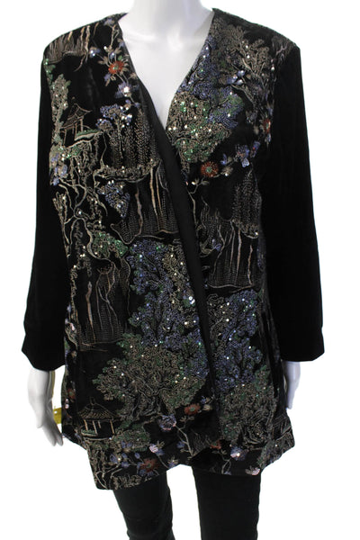 Aris A. Women Floral V-Neck Long Sleeve Black Polyester Jacket Size L