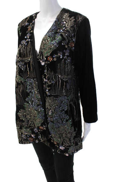 Aris A. Women Floral V-Neck Long Sleeve Black Polyester Jacket Size L