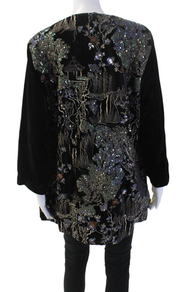 Aris A. Women Floral V-Neck Long Sleeve Black Polyester Jacket Size L