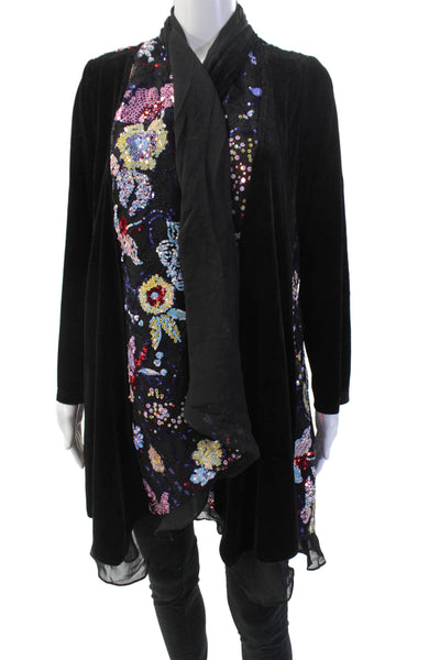 Aris A. Womens Bohemian Floral Tie Jacket Black Scoop Long Sleeve Size XL