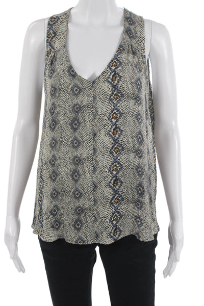 Scoop NYC Women Beige Silk V-Neck Snake Print Sleeveless Tank Size M