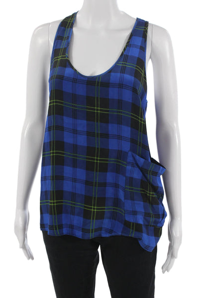 Gemma Women Black Silk Plaid Sleeveless Round Neck Basic Tank 90s Size S