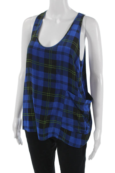 Gemma Women Black Silk Plaid Sleeveless Round Neck Basic Tank 90s Size S
