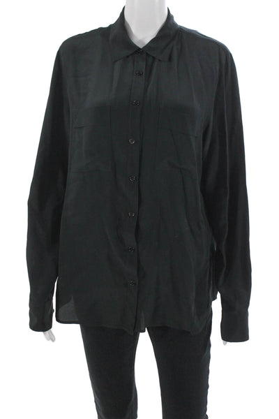 Isaac Mizrahi Women Black 100% Silk Collared Button-Up Long Sleeve Top Size L