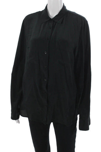 Isaac Mizrahi Women Black 100% Silk Collared Button-Up Long Sleeve Top Size L
