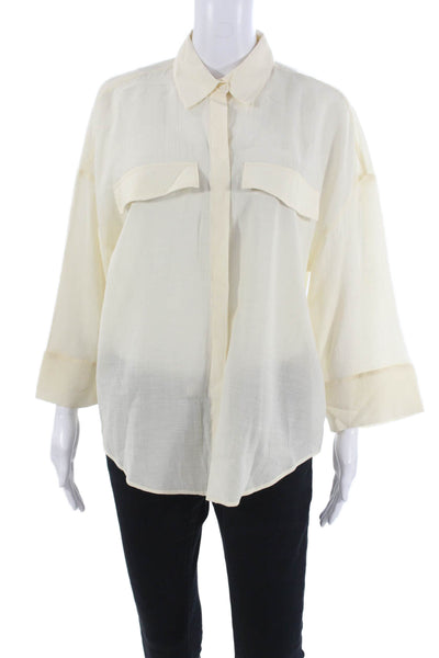 Zara Women Beige Collared Button Up Blouse 3/4 Sleeve Polyester Blend Size M