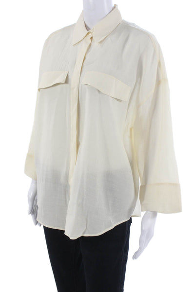 Zara Women Beige Collared Button Up Blouse 3/4 Sleeve Polyester Blend Size M