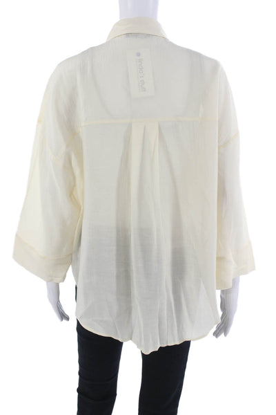 Zara Women Beige Collared Button Up Blouse 3/4 Sleeve Polyester Blend Size M