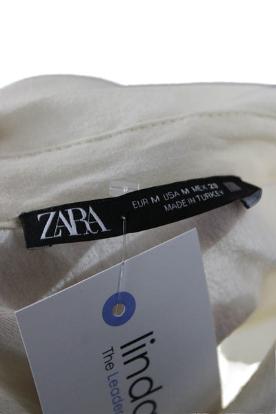Zara Women Beige Collared Button Up Blouse 3/4 Sleeve Polyester Blend Size M