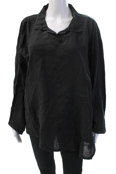 Cynthia Ashbury Vintage Women Black Linen Tunic Blouse Long Sleeve Size 2