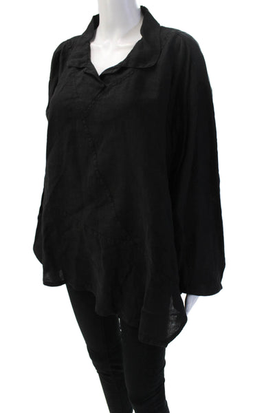 Cynthia Ashbury Vintage Women Black Linen Tunic Blouse Long Sleeve Size 2