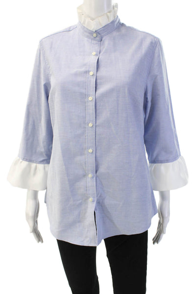 Pearly Vine Women Light Blue Mock Neck Button Up Blouse 3/4 Sleeve Size M