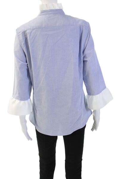 Pearly Vine Women Light Blue Mock Neck Button Up Blouse 3/4 Sleeve Size M