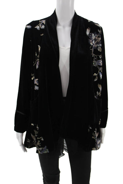 Aris A. Womens Bohemian Floral Coatigan Black Long Sleeve Polyester Size M